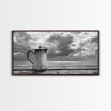 Seaside Coffee Pot, Oceanfront Still Life, Rustic Morning, Framed Canvas Print, Nautical Wall Art, Beach Kitchen Decor, Moody Nature Art