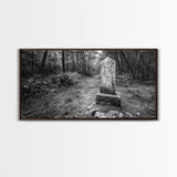 Forest Trail, Stone Marker, Ancient Symbol, Misty Pathway, Framed Canvas Print, cabin decor, woodland art, Autumn wall print, rustic charm