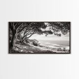 Ocean View, Coastal Trees, Cliffside Vista, Light and Shadows, Framed Canvas Print, landscape wall art, modern beach decor, boho living room