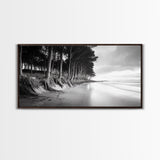 Pine Trees, Sandy Beach, Coastal Serenity, Driftwood Shore, Framed Canvas Print, neutral wall art, coastal rustic style, entryway landscape