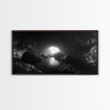 Sea Cave, Dark Ocean Cave, Natural Light Glow, Framed Canvas Print, Moody Nature Art, Living Room Wall Art, Monochrome Coastal Print