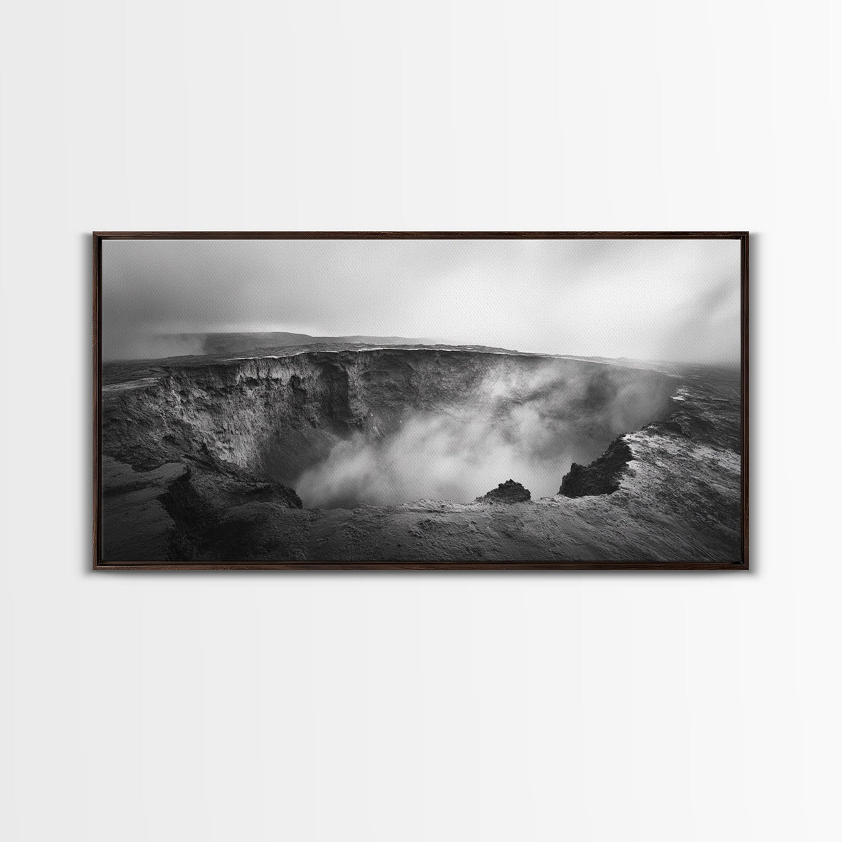 Volcanic Crater, Smoky Earth, Epic Landscape, Framed Canvas Print, Dramatic Nature Art, Study Room Decor, Moody Monochrome Photography