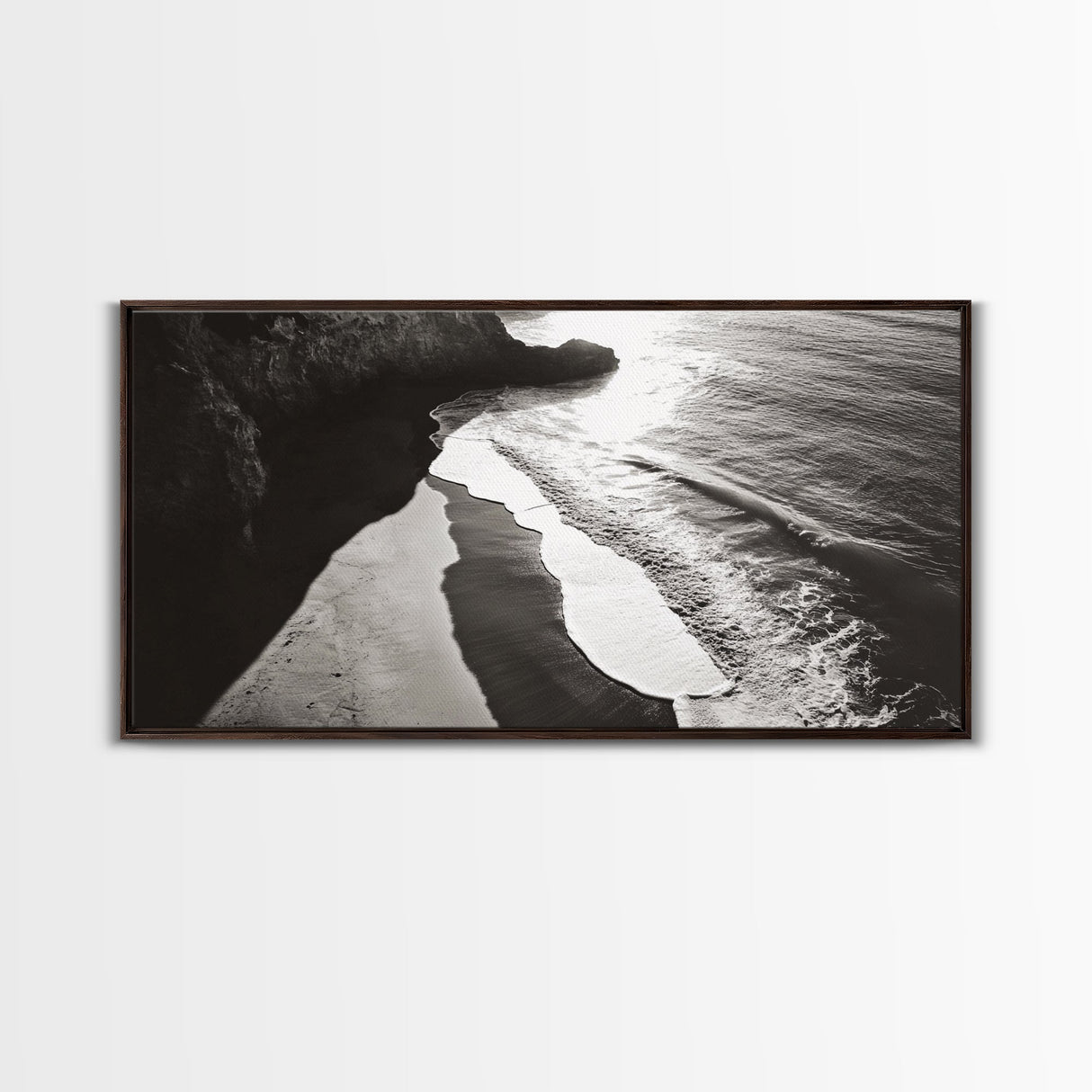 Shoreline Light, Coastal Waves, Cliff Shadow, Beach Edge, Framed Canvas Print, Ocean Minimalist Art, Bathroom Wall Decor