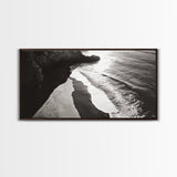Shoreline Light, Coastal Waves, Cliff Shadow, Beach Edge, Framed Canvas Print, Ocean Minimalist Art, Bathroom Wall Decor