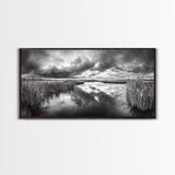 Stormy Marsh, Cloudy Sky, River Reflection, Framed Canvas Print, Nature Wall Art, Moody Landscape, Autumn Decor, Office Or Study Artwork