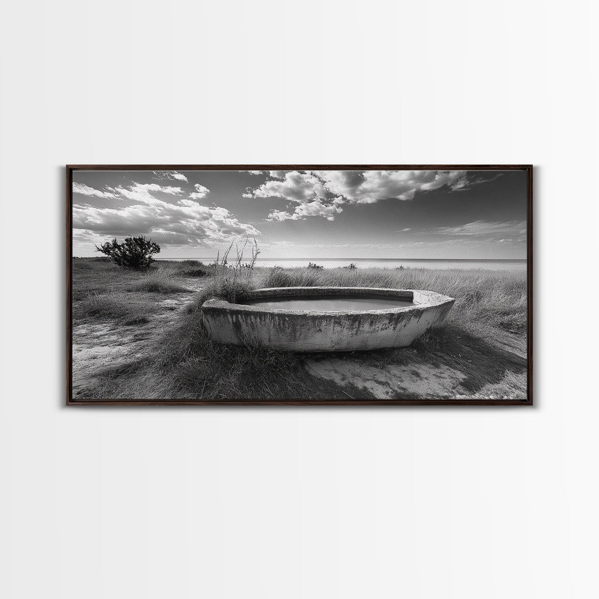 Concrete Trough, Coastal Horizon, Grassy Shoreline, Canvas Print, Rustic Farmhouse Bathroom Art, Minimalist Nature, Fall Beach Wall Decor