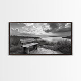 Lakeside Bench, Calm Waters, Sunset View, Canvas Print, Tranquil Nature Photography, Living Room Wall Art, Serene Outdoor Fall Landscape