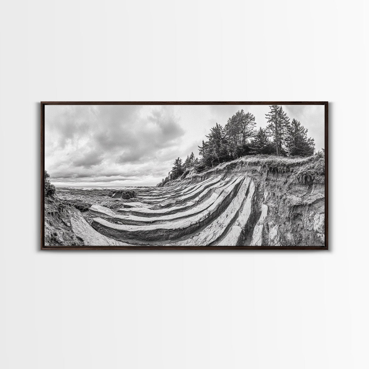 Striped Cliffs, Coastal Layers, Forest Edge, Earth Patterns, Framed Canvas Print, Nature Abstract Art, Bedroom Wall Decor