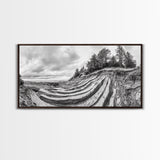 Striped Cliffs, Coastal Layers, Forest Edge, Earth Patterns, Framed Canvas Print, Nature Abstract Art, Bedroom Wall Decor