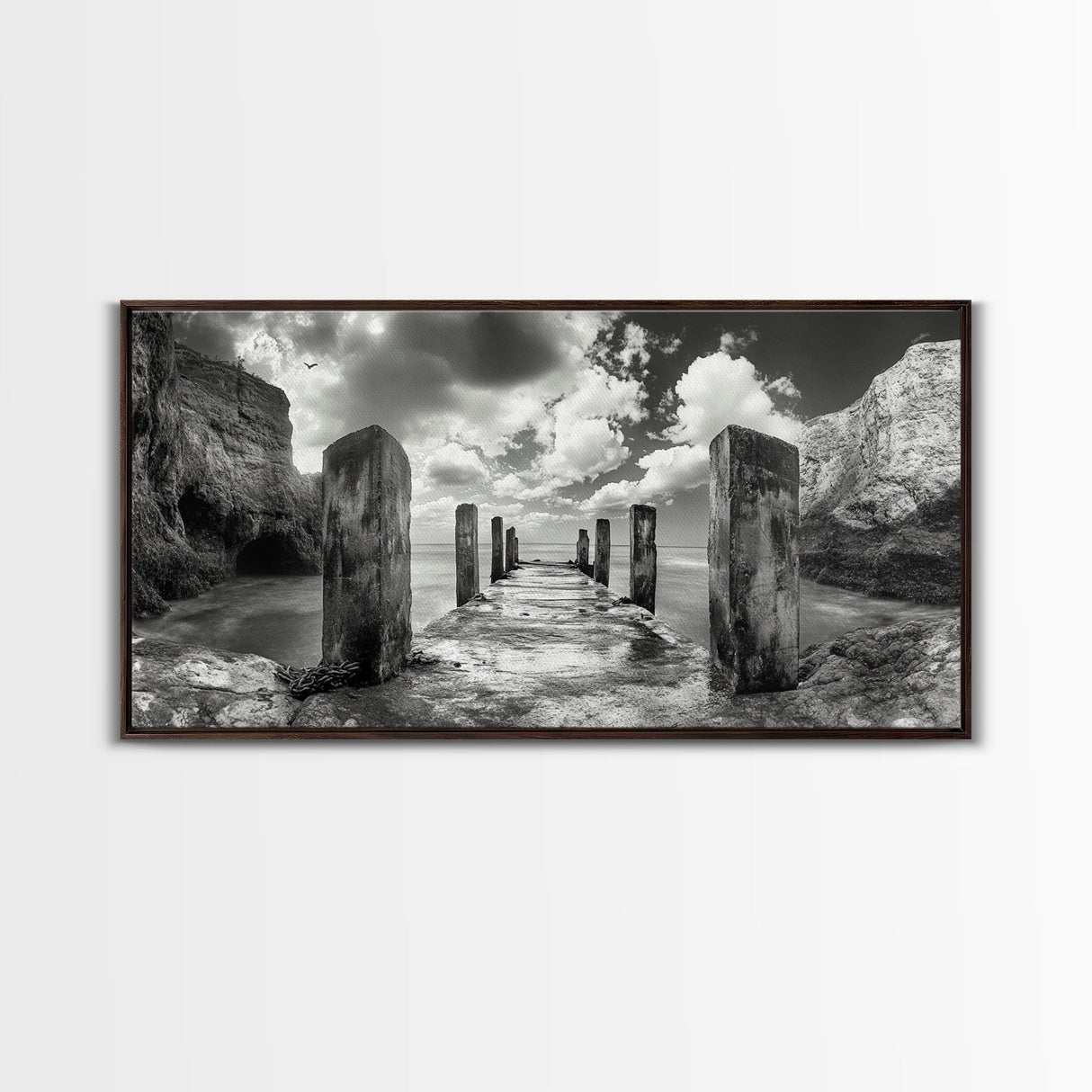 Ocean Pier, Seaside Dock, Crashing Waves, Canvas Print, Dramatic Coastal Wall Art, Black And White Decor, Bathroom Or Hallway Photography