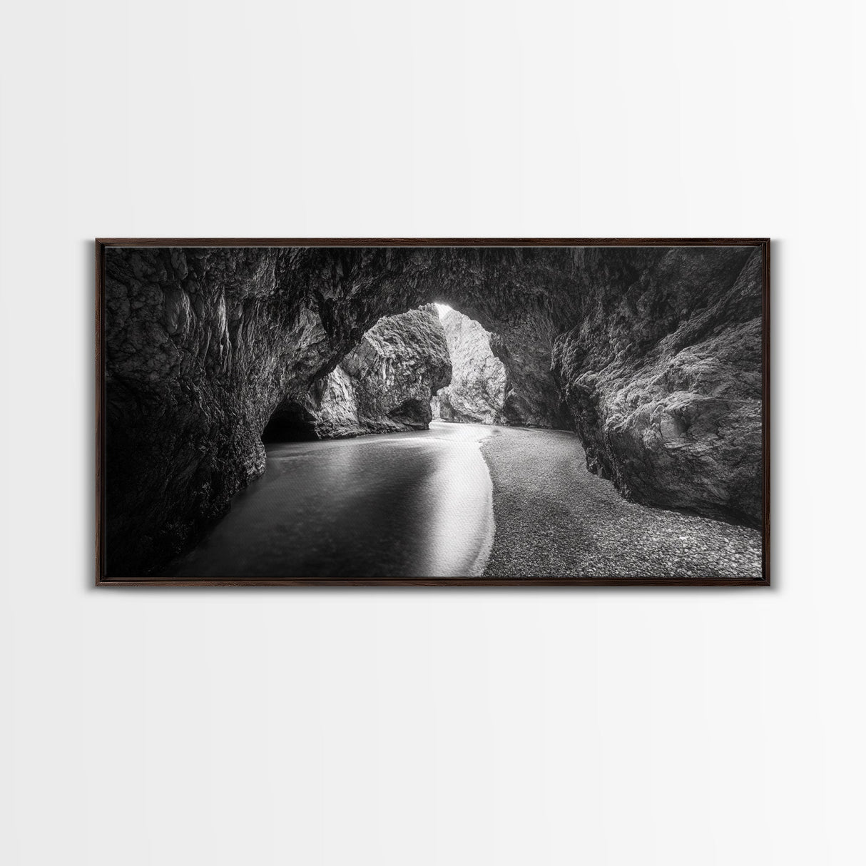 Ocean Cave Flow, Coastal Rock Wall Art, Moody Nature Seascape, Black White Beach Decor, Boho Bathroom Accent, Canvas Print, Monochrome Art