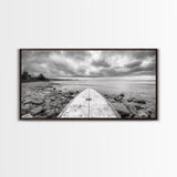 Surfboard, Rocky Shore, Cloudy Sea, Coastal Adventure, Beach Aesthetic, Canvas Print, Minimalist Ocean Art, Nautical Wall Decor, Bathroom Wall Art