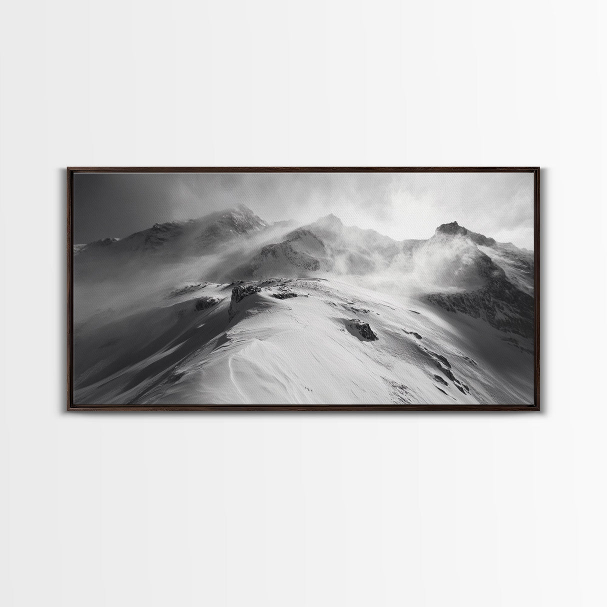 Snowy Peak, Windy Mountain, Winter Landscape, Framed Canvas Print, Black and White Art, Cabin Wall Decor, Moody Alpine Art, Rustic Wall Art