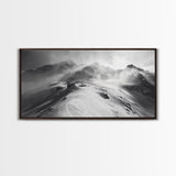 Snowy Peak, Windy Mountain, Winter Landscape, Framed Canvas Print, Black and White Art, Cabin Wall Decor, Moody Alpine Art, Rustic Wall Art