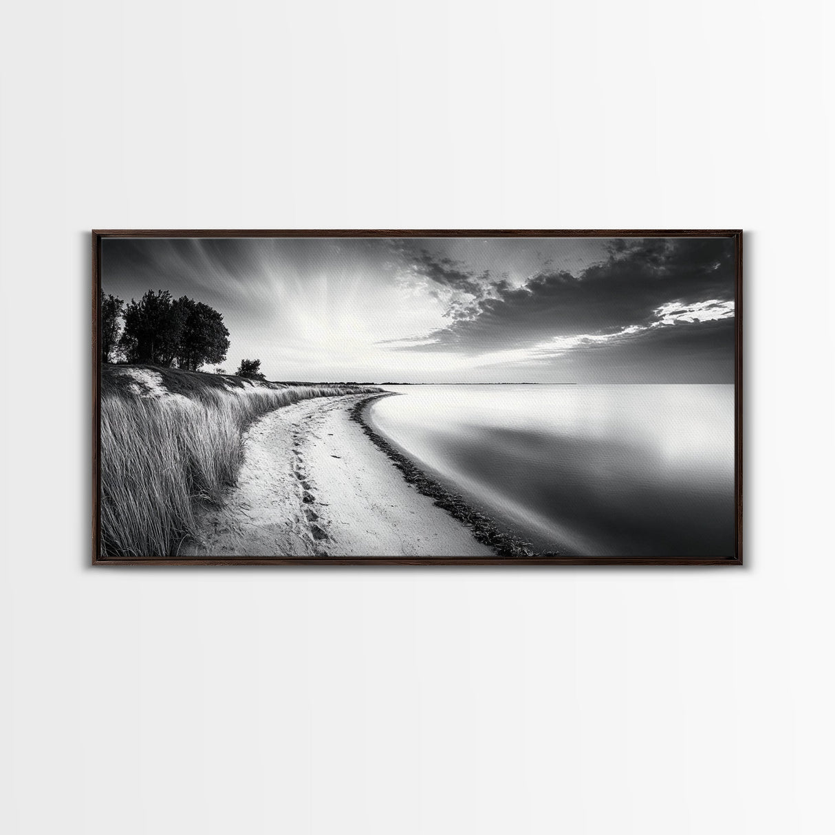 Calm Beach, Grassy Dunes, Serene Shoreline, Peaceful Water, Framed Canvas Print, Minimalist Art, Bedroom Wall Decor, Coastal Calm