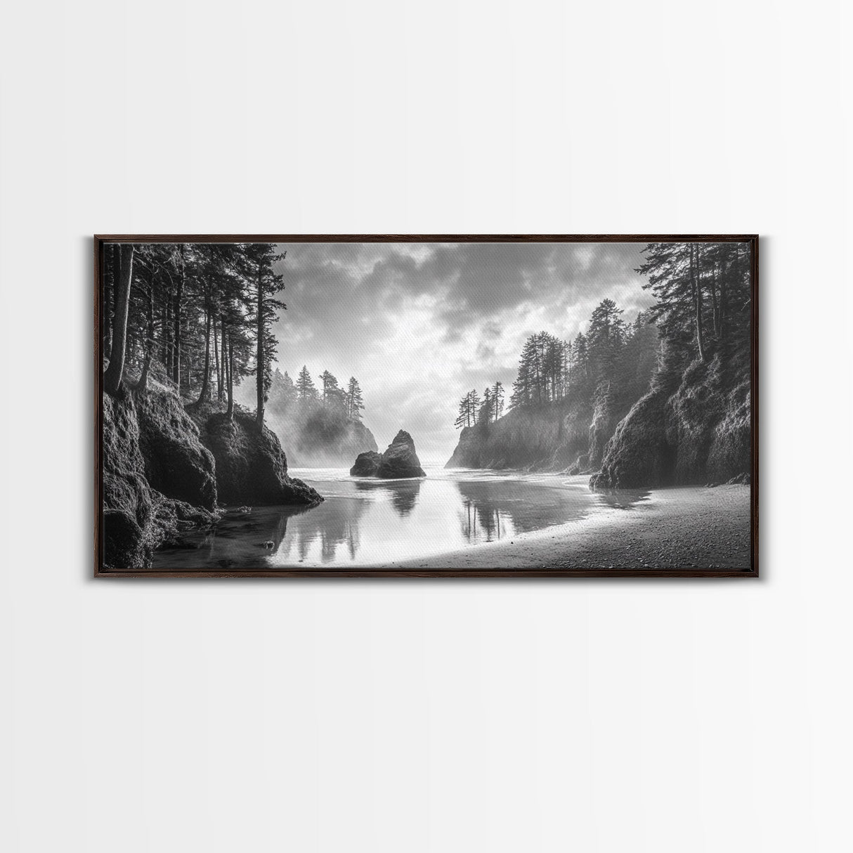 Forest Coast, Secluded Beach, Ocean Rocks, Misty Trees, Framed Canvas Print, Nature Wall Art, Living Room Decor, Moody Landscape