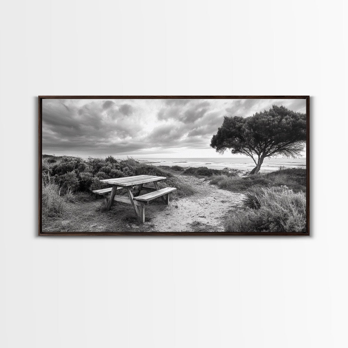 Picnic Table, Ocean Tree, Coastal Path, Windswept Scene, Framed Canvas Print, Rustic Wall Art, Fall Decor, Peaceful Beach Setting