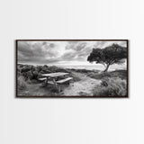 Picnic Table, Ocean Tree, Coastal Path, Windswept Scene, Framed Canvas Print, Rustic Wall Art, Fall Decor, Peaceful Beach Setting