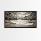 Secluded Beach Cove, Coastal Seascape, Sepia Landscape Art, Framed Canvas Print, Bathroom or Bedroom Wall Decor, Nature Inspired