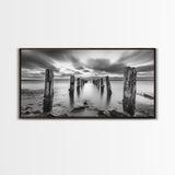 Ocean Pilings, Calm Waters, Cloud Streaks, Sunset Mood, Canvas Print, Minimalist Seascape, Bedroom Wall Art, Serene Beach Decor