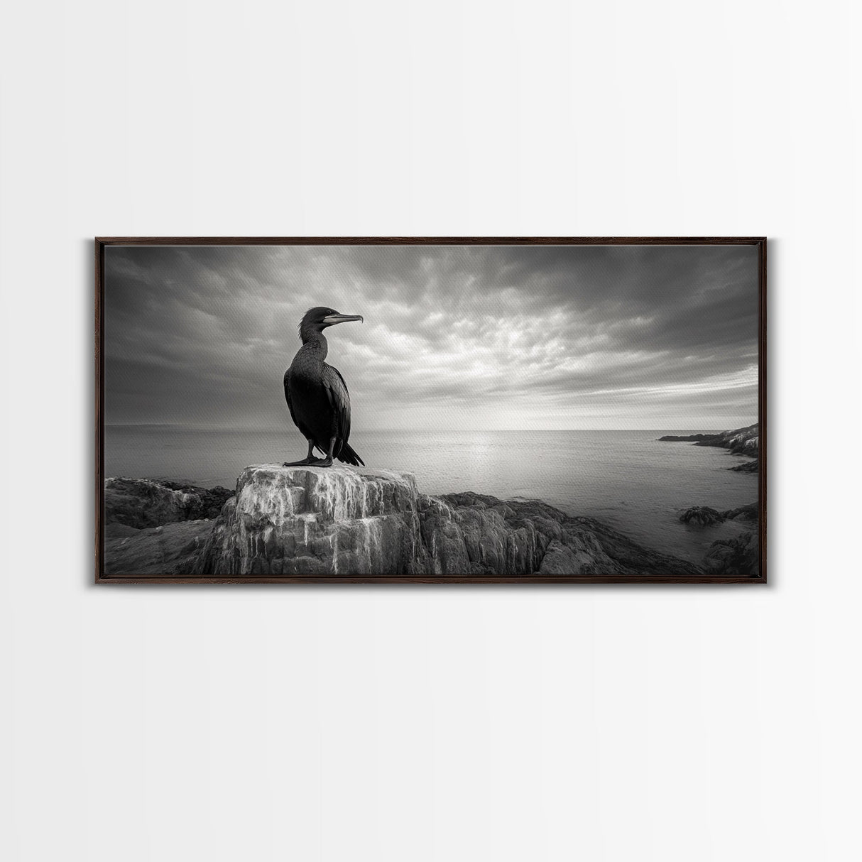 Sea Bird, Rocky Shore, Stormy Horizon, Coastal Watcher, Canvas Print, Nature Photography Art, Bedroom Decor, Ocean Wildlife