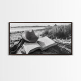Open Book, Cowboy Hat, Driftwood Beach, Peaceful Shore, Canvas Print, Western Boho Art, Reading Nook Wall Decor, Fall Vibes, Office Wall Decor
