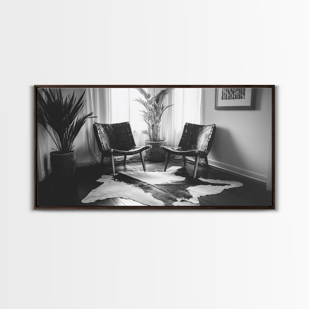 Leather Chairs, Cowhide Rug, Indoor Plants, Modern Farmhouse, Framed Canvas Print, Minimalist Living Room Art, Cozy Home Decor