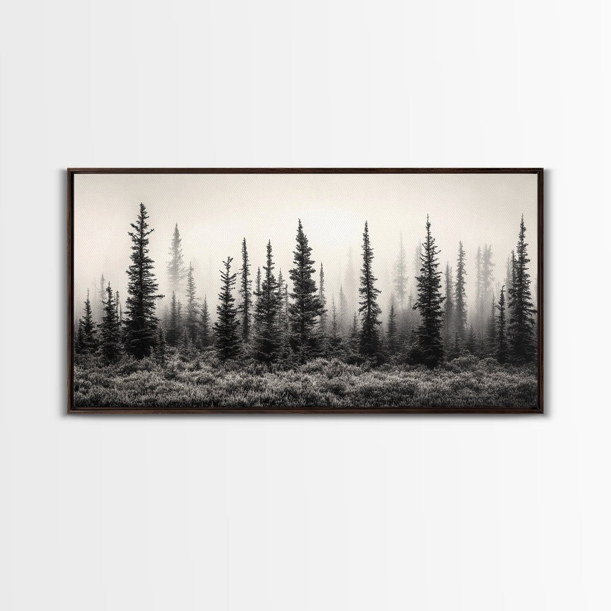 Misty Pines, Evergreen Forest, Morning Fog, Monochrome Nature, Canvas Print, Fall Entryway Wall Art, Woodland Boho Home Decor