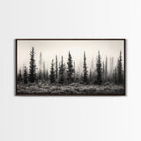 Misty Pines, Evergreen Forest, Morning Fog, Monochrome Nature, Canvas Print, Fall Entryway Wall Art, Woodland Boho Home Decor