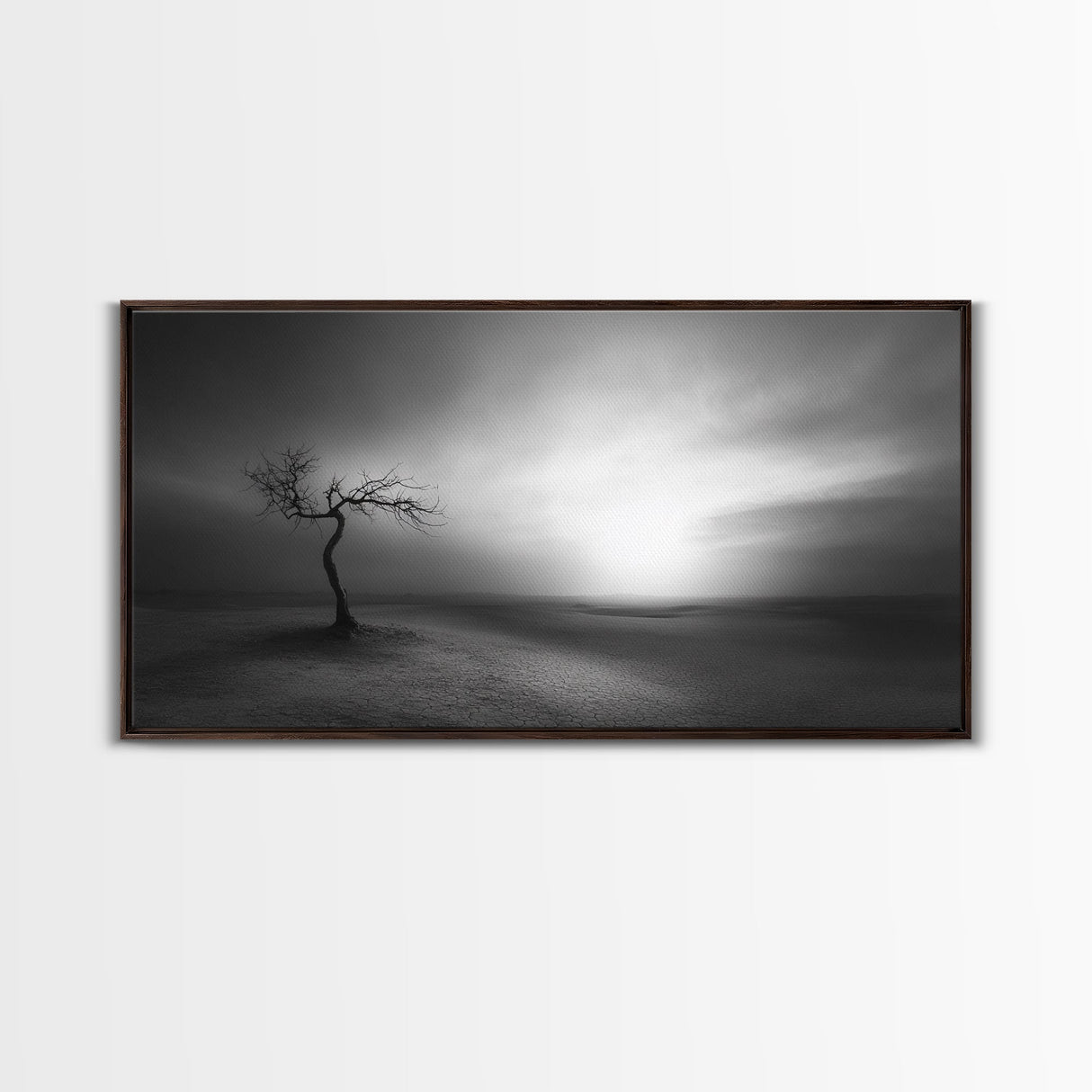 Lonely Tree, Dramatic Desert, Emotional Landscape, Framed Canvas Print, Bedroom Wall Art, Black White Decor, Surreal Art Vibes