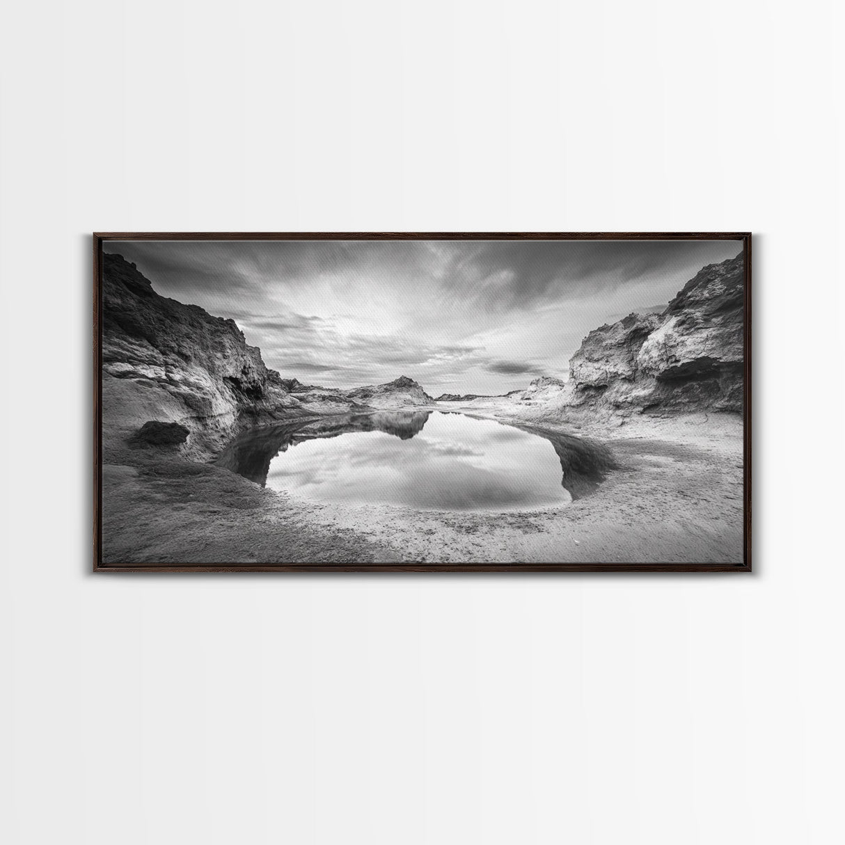 Mirror Lake, Rocky Terrain, Tranquil Waters, Framed Canvas Print, Meditation Room Art, Nature Reflection, Earthy Tones, Spa Decor