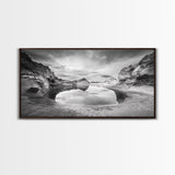 Mirror Lake, Rocky Terrain, Tranquil Waters, Framed Canvas Print, Meditation Room Art, Nature Reflection, Earthy Tones, Spa Decor