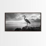 Heron Bird, Ocean Rock, Serene Wildlife, Canvas Print, Coastal Wall Art, Modern Farmhouse Decor, Minimalist Animal Scene