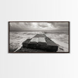 Ocean and Book, Moody Literary Print, Surreal Seascape Art, Framed Canvas Print, Library or Reading Nook Wall Decor, Dark Academia