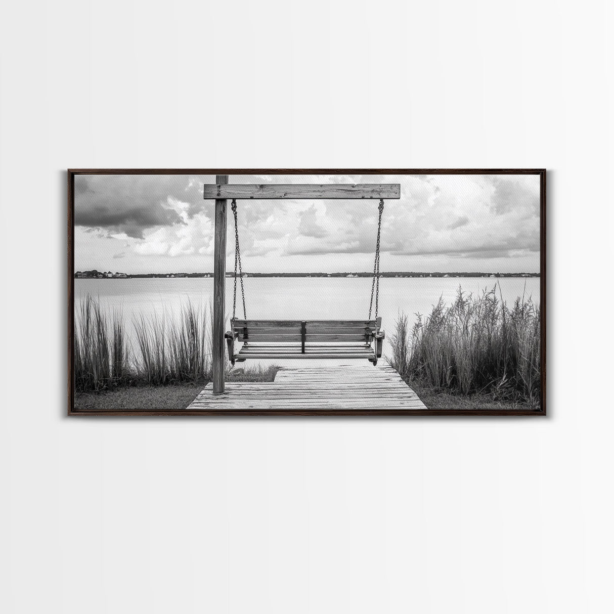 Rustic Lake Swing, Tranquil Nature Scene, Porch Art, Landscape Photography, Framed Canvas Print, Country Decor, Living Room Wall Art