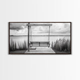 Rustic Lake Swing, Tranquil Nature Scene, Porch Art, Landscape Photography, Framed Canvas Print, Country Decor, Living Room Wall Art