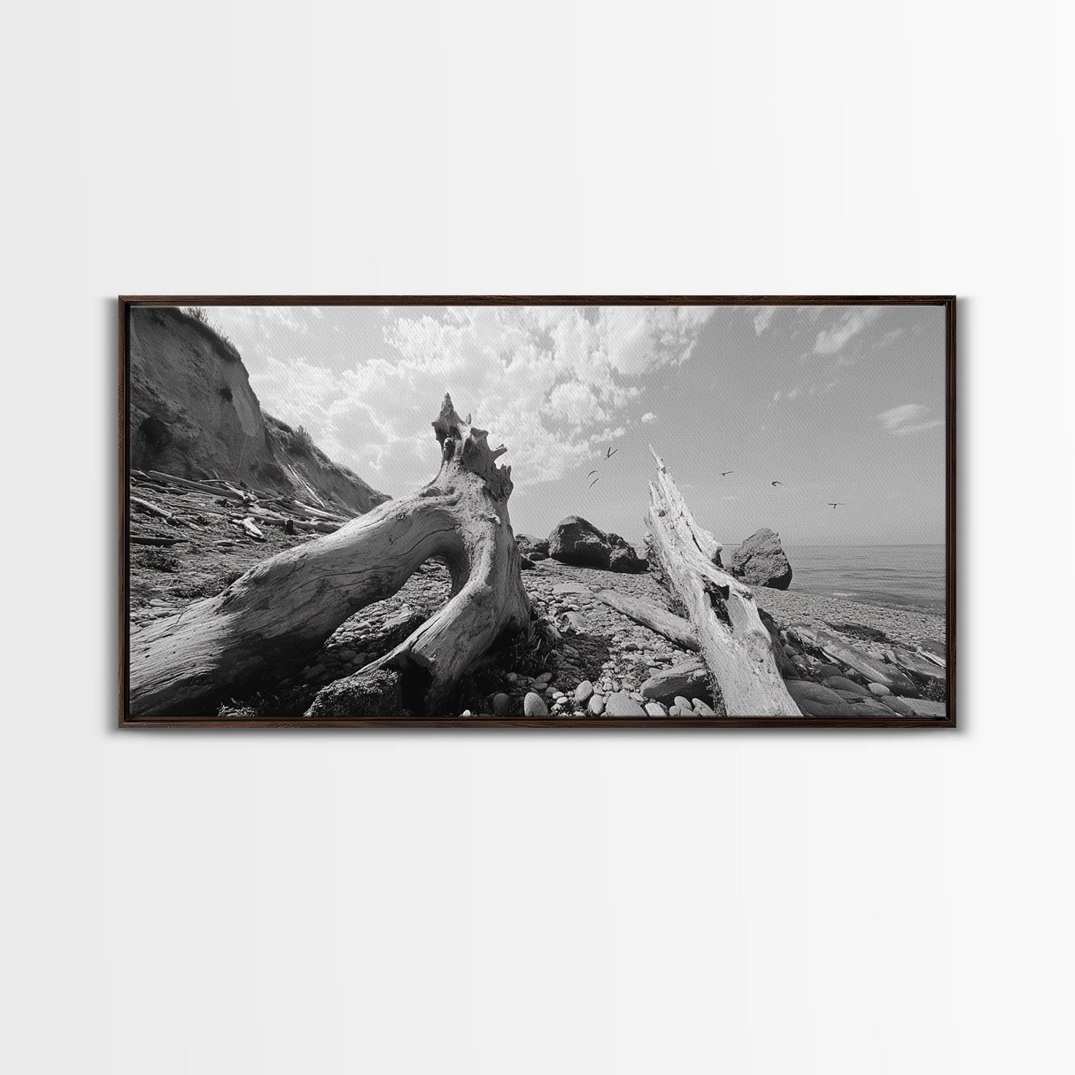 Coastal Driftwood, Beach Landscape, Pebble Shore Scene, Natural Decor Accent, Canvas Print, Relaxed Vibe, Entryway or Den Wall Art