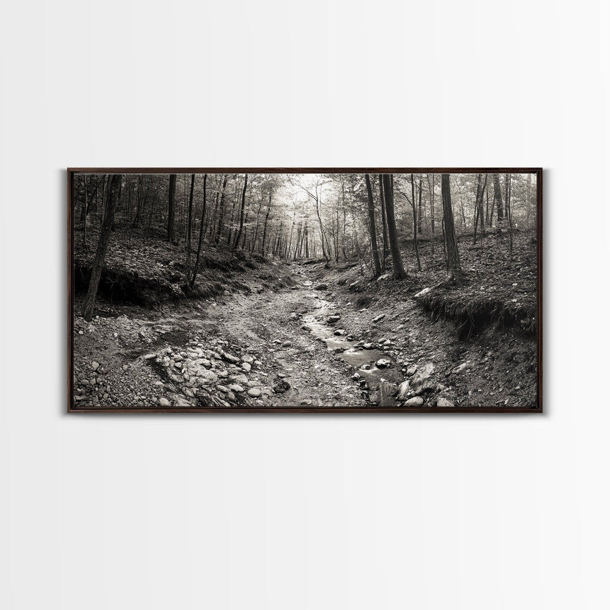 Forest Stream, Tranquil Woodland Path, Autumn Nature Photography, Framed Canvas Print, Rustic Cabin Decor, Living Room Wall Art