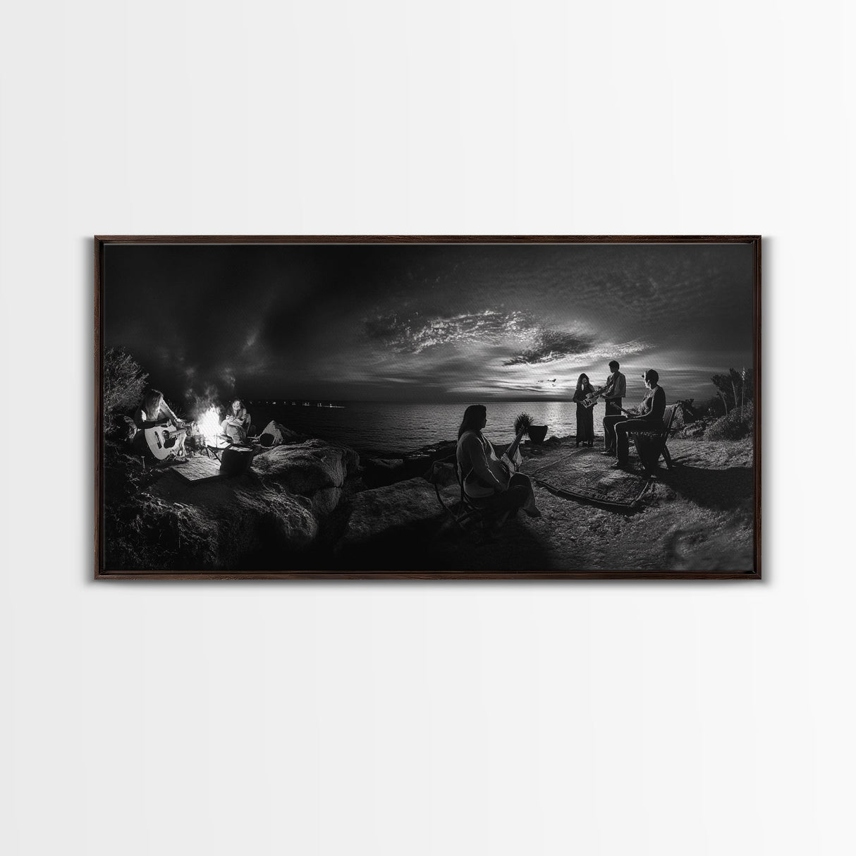 Campfire Gathering, Boho Night Vibes, Music Outdoors Scene, Framed Canvas Print, Living Room Wall Art, Folk Rustic Aesthetic
