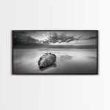 Beach Leaf Still, Autumn Nature Scene, Calm Ocean Shoreline, Canvas Print, Fall Bathroom Wall Art, Neutral Earth Tone Decor