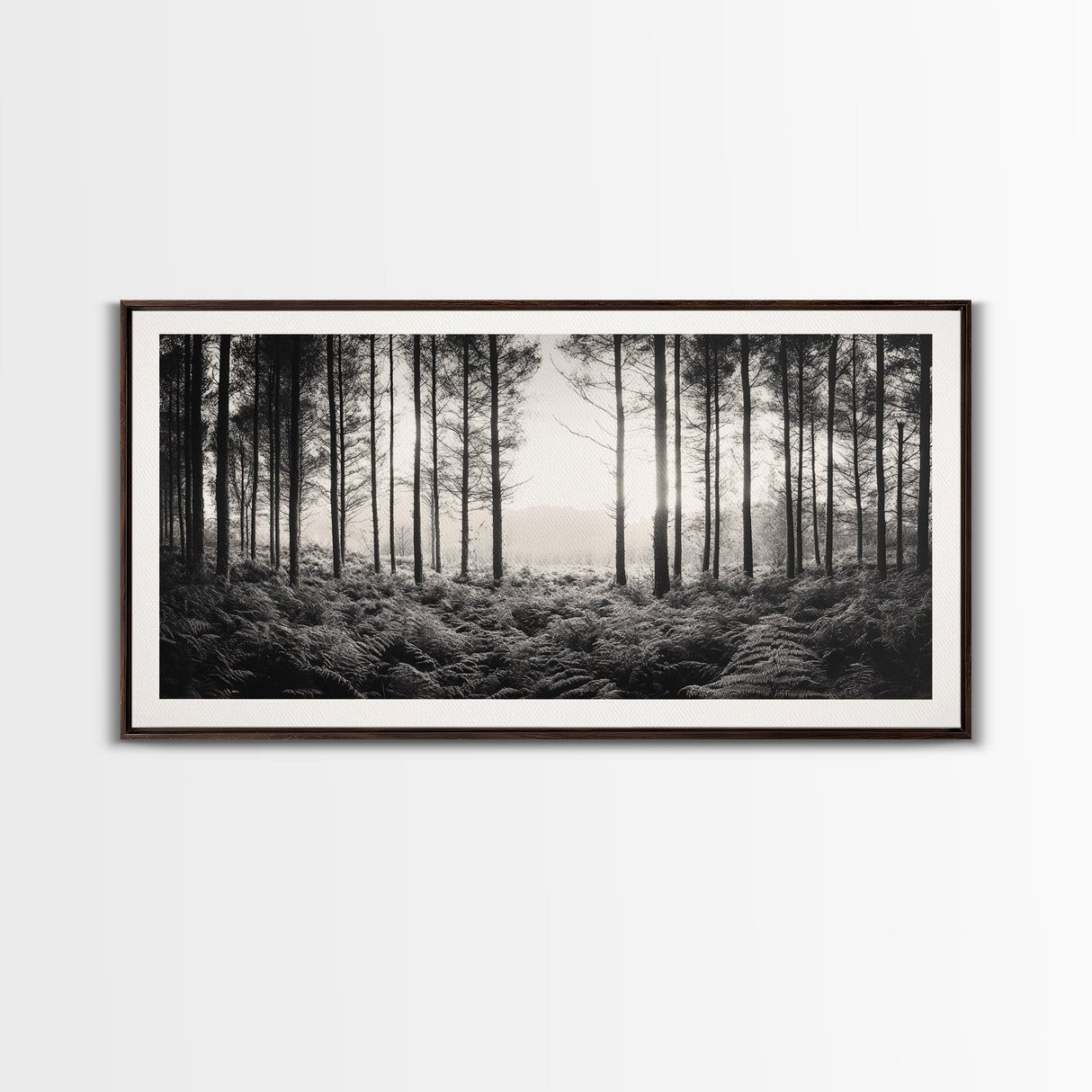 Forest Light Scene, Tall Trees Shadows, Nature Mist Pathway, Framed Canvas Print, Woodland Bedroom Art, Boho Rustic Wall Decor
