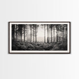 Forest Light Scene, Tall Trees Shadows, Nature Mist Pathway, Framed Canvas Print, Woodland Bedroom Art, Boho Rustic Wall Decor