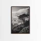 Tree On Cliffs, Foggy Coastline, Monochrome Coastal View, Moody Nature Scene, Framed Canvas Print, Bedroom Wall Art, Earthy Minimalist Decor