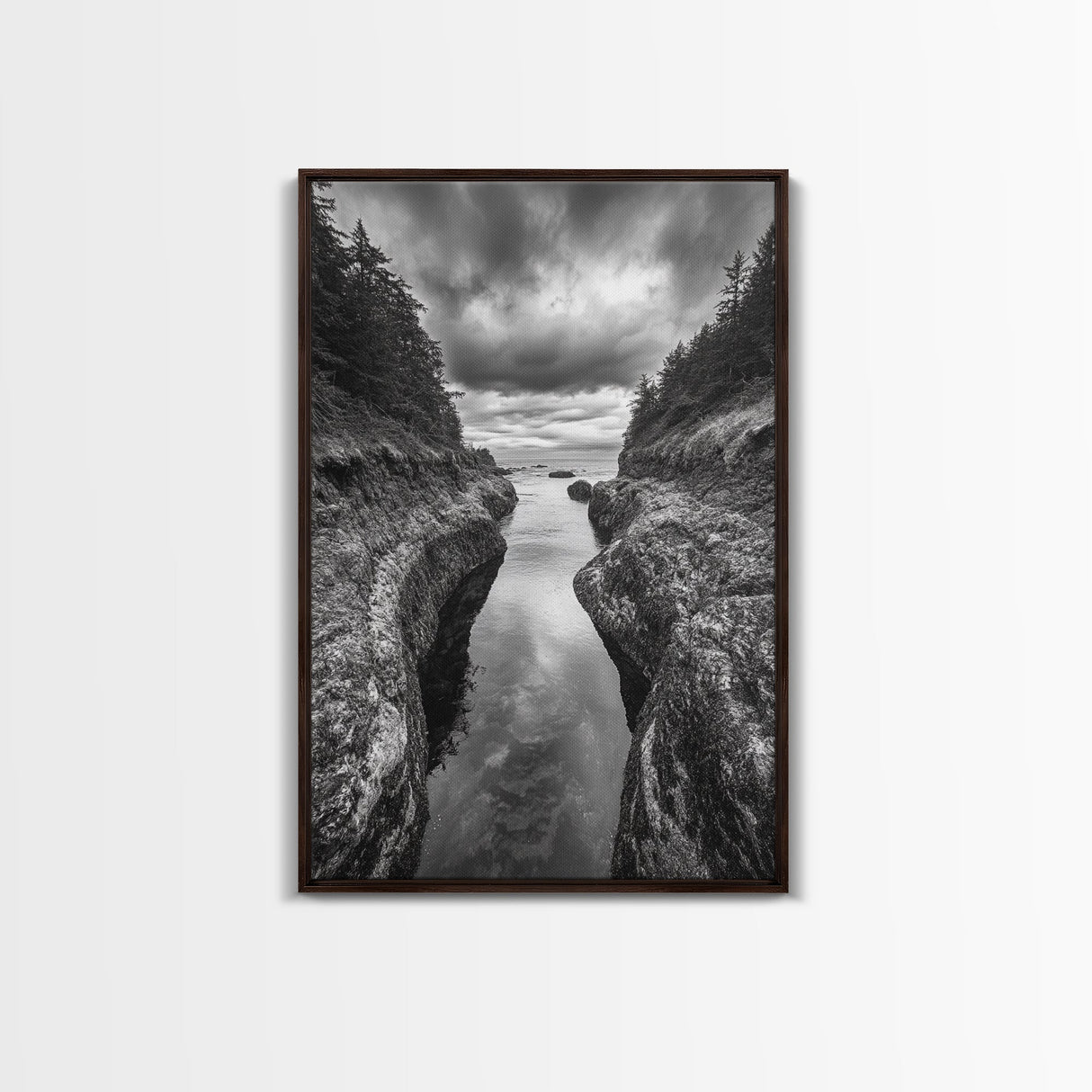 Rocky Waterway, Coastal Reflections, Dramatic Cloudscape, Ocean Nature Print, Framed Canvas Print, Bathroom Wall Art, Modern Rustic Style