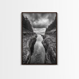 Rocky Waterway, Coastal Reflections, Dramatic Cloudscape, Ocean Nature Print, Framed Canvas Print, Bathroom Wall Art, Modern Rustic Style