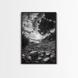 Sunset Beach View, Wide Angle Perspective, Nature Shoreline, Monochrome Landscape, Framed Canvas Print, Hallway Wall Art, Beach Decor