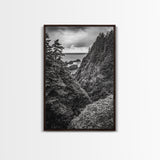 Rugged Ocean View, Coastal Forest, Black and White Mountains, Pacific Northwest Vibes, Framed Canvas Print, Den Wall Art, Moody Cabin Decor