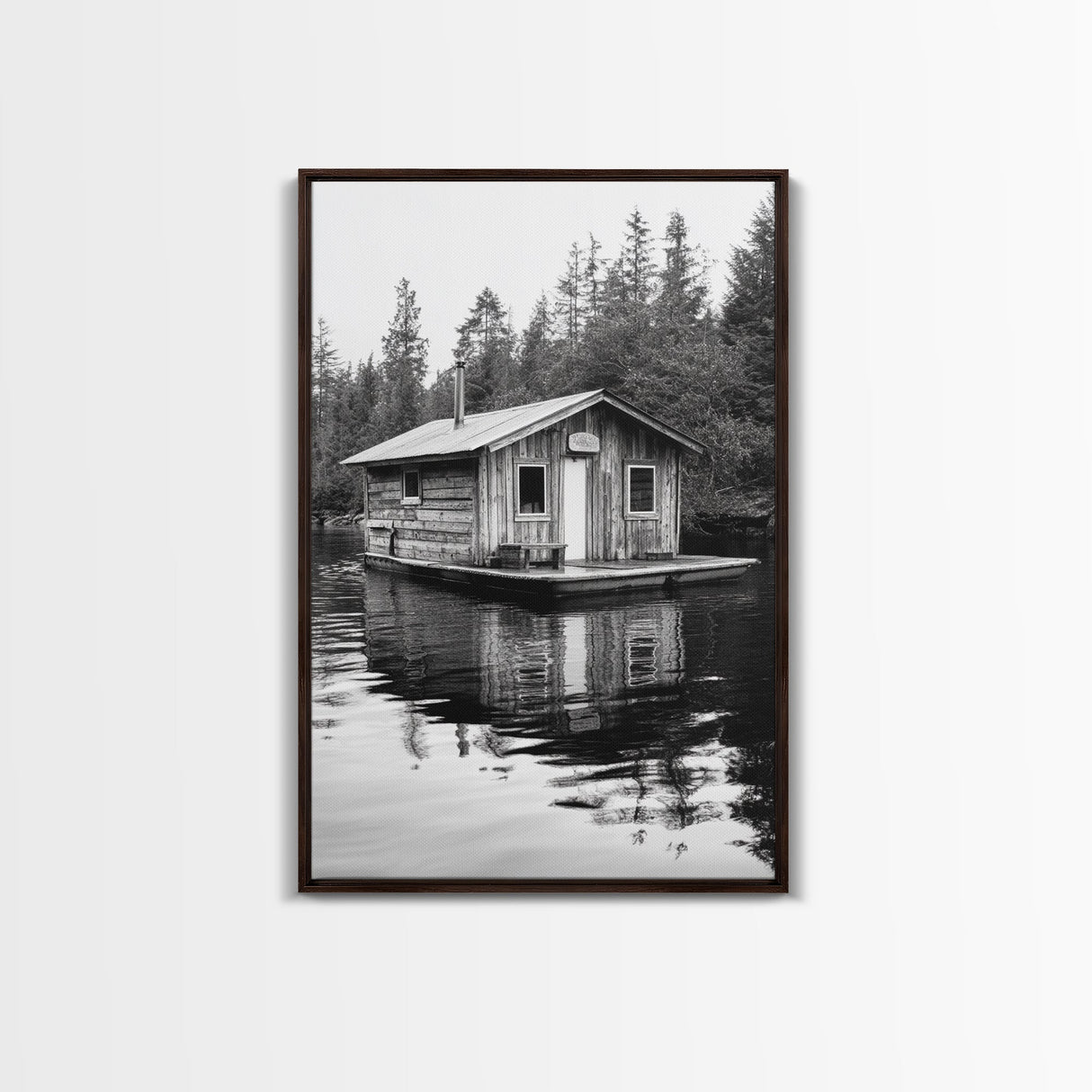 Floating Cabin, Lake House, Forest Reflection, Tranquil Waters, Framed Canvas Print, Bedroom Wall Art, Cabin Aesthetic, Rustic Nature Vibe