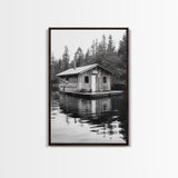 Floating Cabin, Lake House, Forest Reflection, Tranquil Waters, Framed Canvas Print, Bedroom Wall Art, Cabin Aesthetic, Rustic Nature Vibe