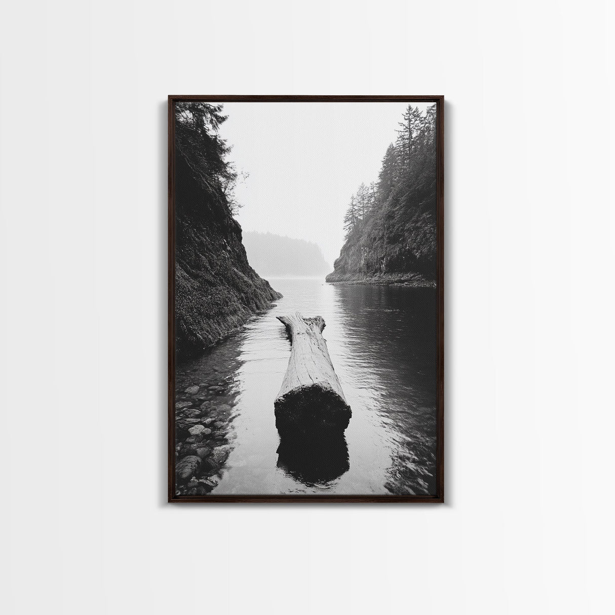 Driftwood Log, River Pass, Nature Silence, Misty Gorge, Framed Canvas Print, Office Wall Art, Modern Nature Decor, Moody Forest Style